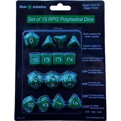 Polyhedral Opaque Dark Green With White Number Dice, Set Of 15
