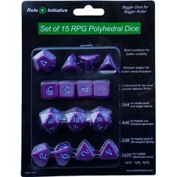 Polyhedral Opaque Dark Purple With Light Blue Number Dice, Set Of 15