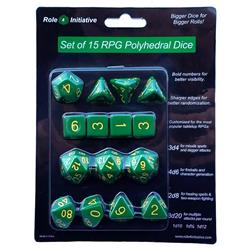 R4i50012-fb Opaque Dark Green With Gold Mint Polyhedral Dice Set - Set Of 15
