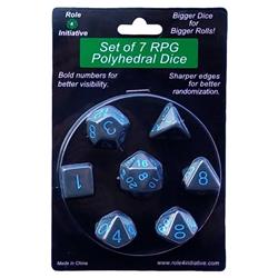 R4i50019-7b Opaque Dark Gray With Light Blue Number Dice - Set Of 7