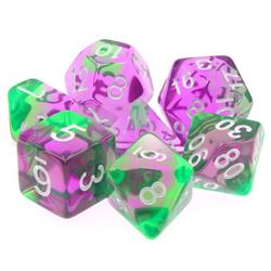 Tttd1005 Faerie Fire Violet & Green Swirl Translucent Dice With White Numbers, Set Of 7