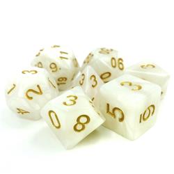 Tttd2002 Divine Light White Pearl Opaque Dice With Gold Numbers, Set Of 7