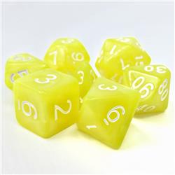 Tttd2009 Golden Charm Yellow Pearl Opaque Dice With White Numbers, Set Of 7