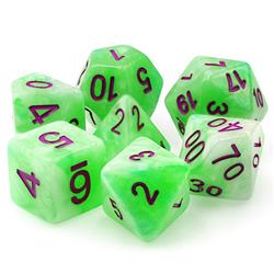 Tttd2022 Sylvam Glade Green Pearl Opaque Dice With Purple Numbers, Set Of 7