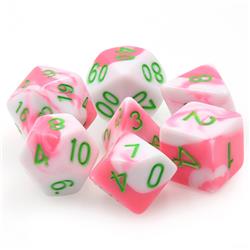 Tttd5013 Phantasma Pink & White Fusion Dice With Green Numbers, Set Of 7