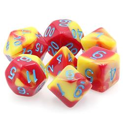 Tttd5016 Honor Guard Red & Yellow Fusion Dice With Blue Numbers, Set Of 7