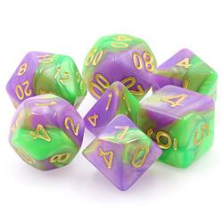 Tttd5025 Hidden Vale Purple & Green Fusion Dice With Gold Numbers, Set Of 7