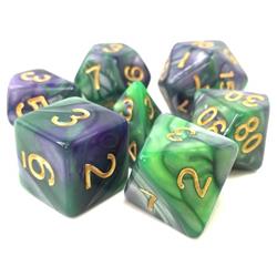 Tttd5019 Void Contract Fusion Dice With Numbers, Gold, Green & Purple - Set Of 7