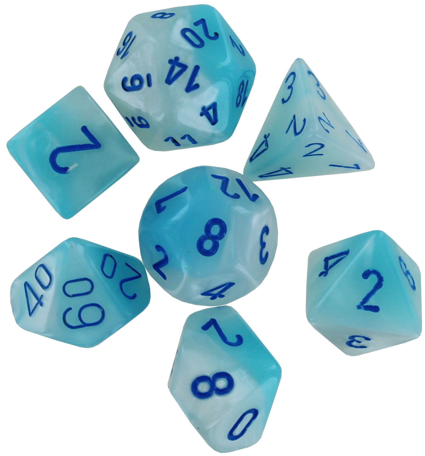 Manufacturing CHX26465 Cube Gemini Luminary Pearl Turquoise & White Dice with Blue Numbers, Set of 7