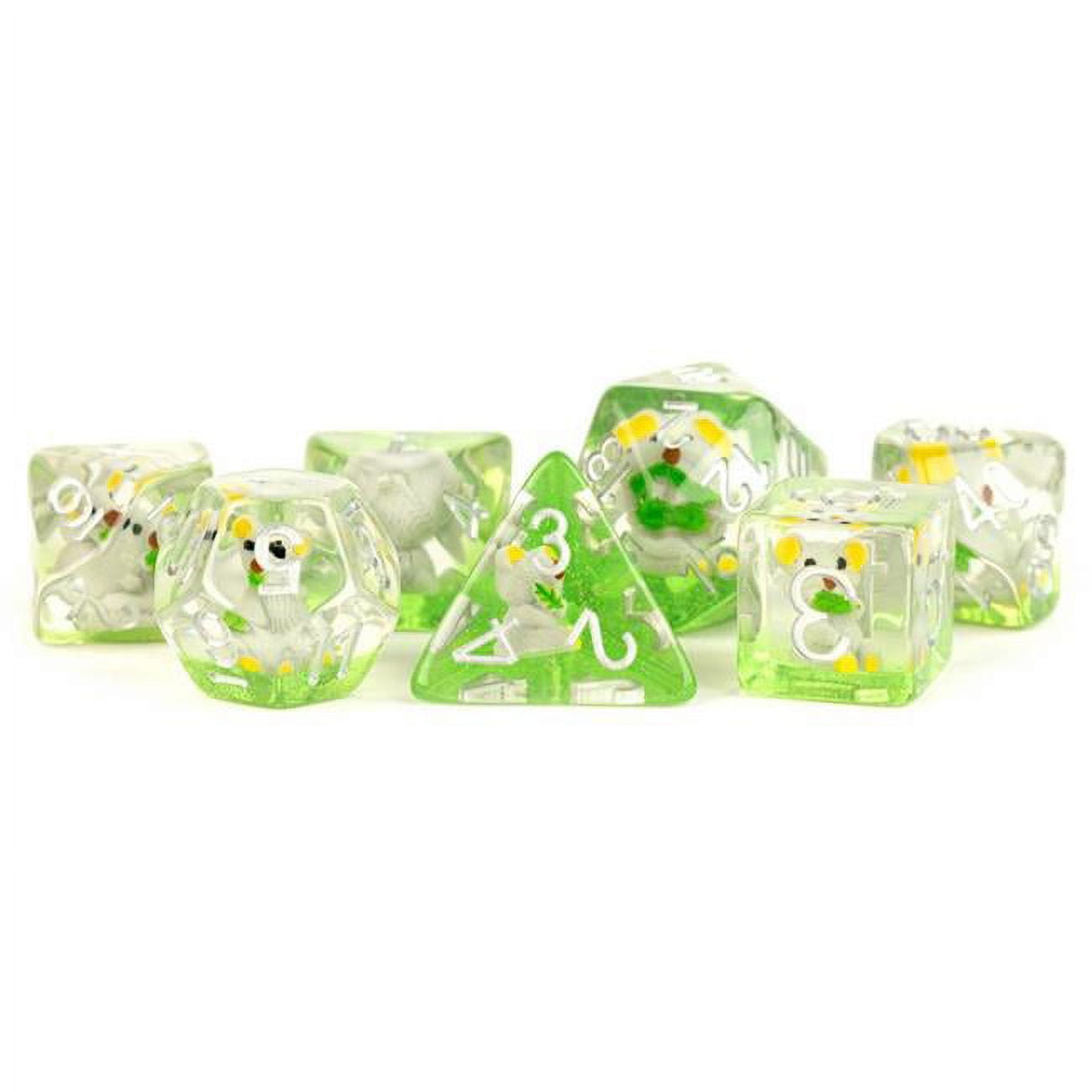 LIC756 16 mm Koala Resin Poly Dice Set, Green & Silver - Set of 7