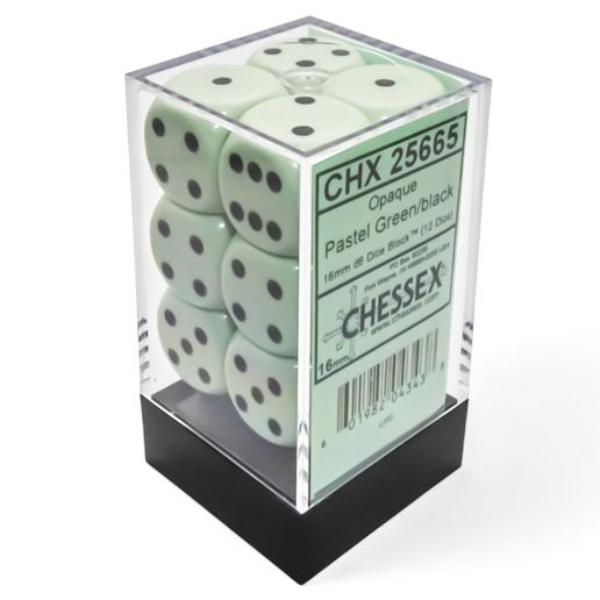 CHX25665 D6 Cube 16 mm Dice, Opaque Pastel Green & Black - Set of 12