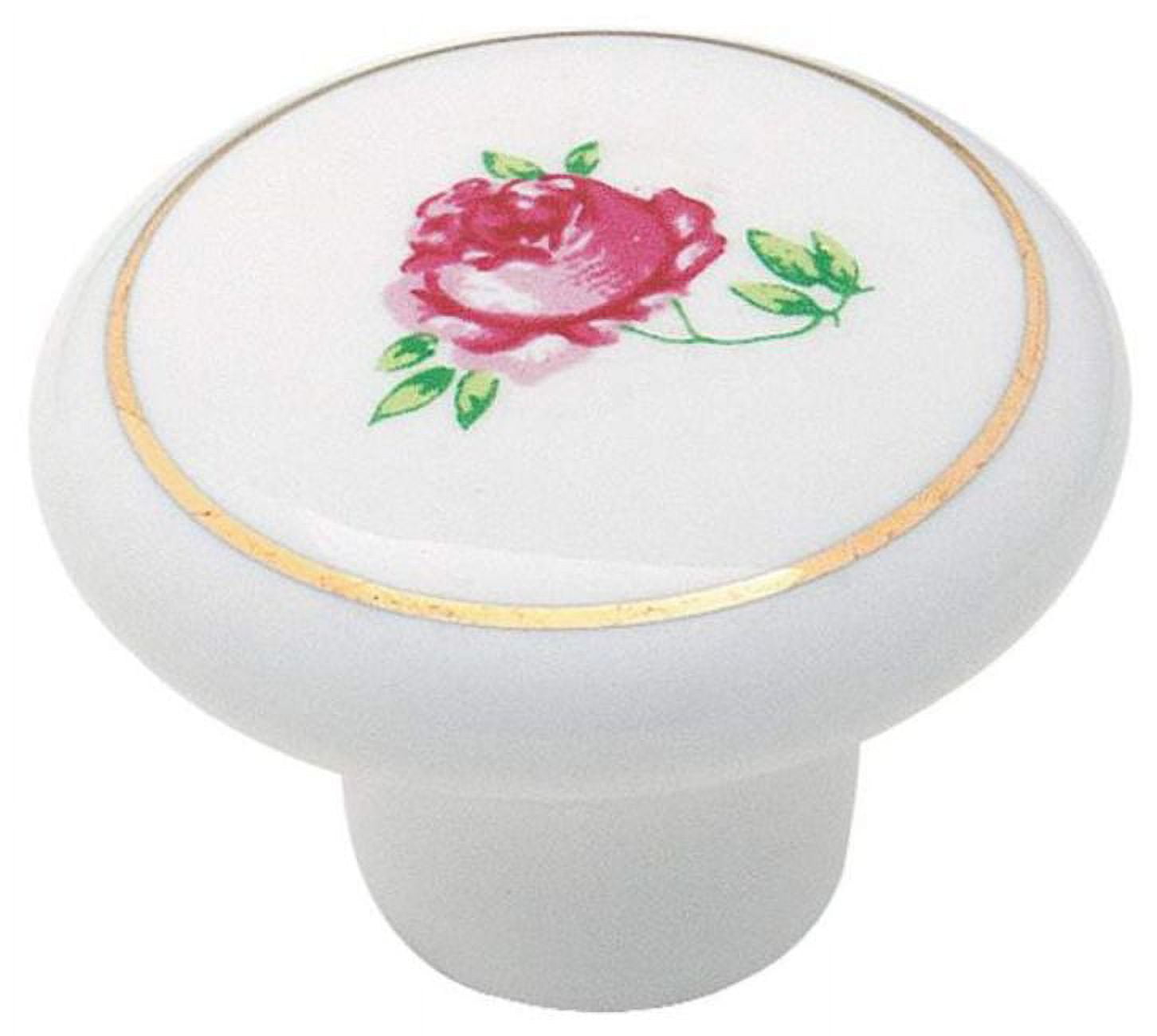 1.5 In. Dia. Allison Round Furniture Knob - White With A Rose & Brass Trim 1.06 In. Projection