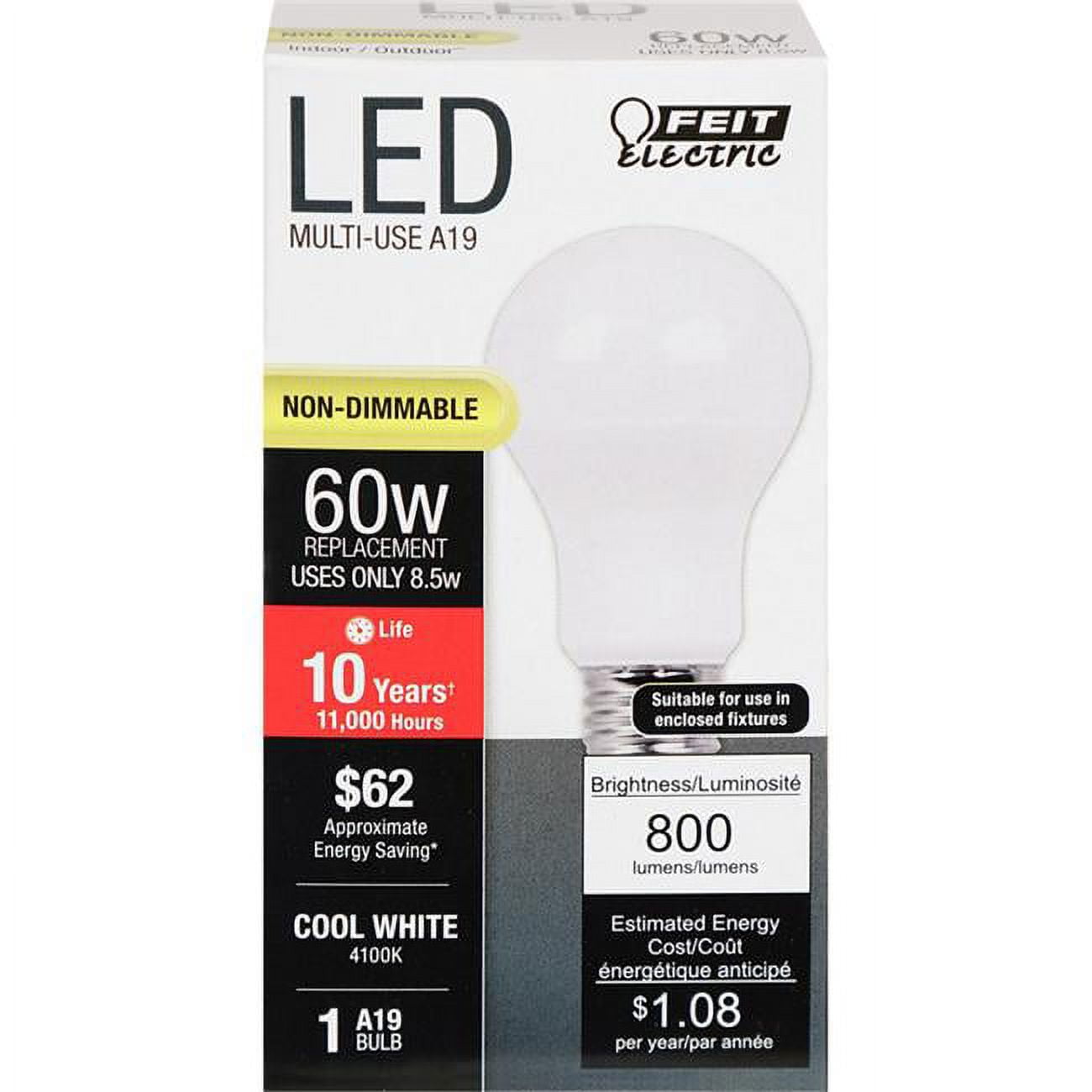3764958 Led Bulb 8.5 Watt 800 Lumens 4100 K A-line A19 Cool White 60 Watt Equivalency