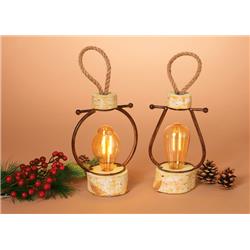 Gerson 9438821 14 In. Resin Log With Edison Bulb Christmas Lantern Brown Glass & Resin - Pack Of 2
