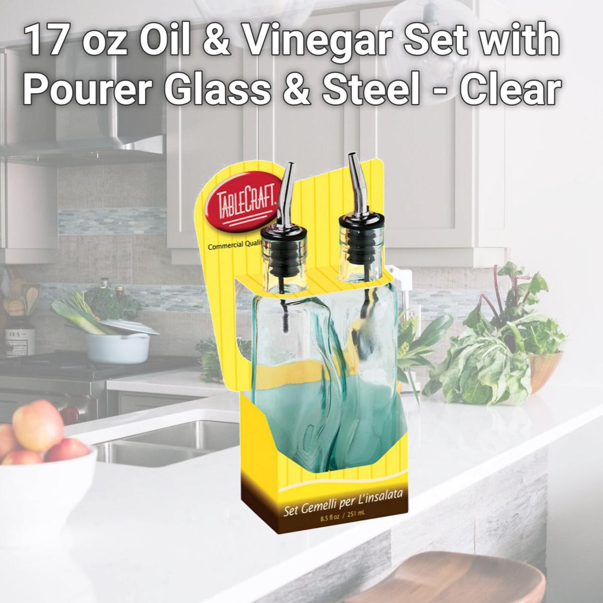 Picture of Tablecraft 6505523 17 oz Oil &amp; Vinegar Set with Pourer  Glass &amp; Steel - Clear