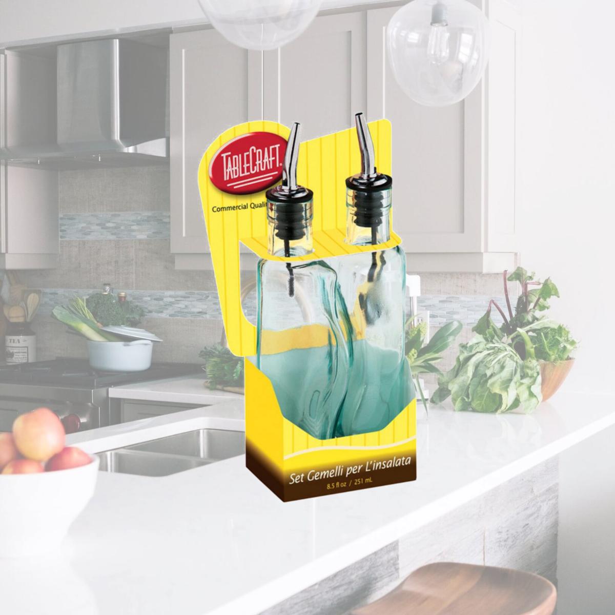 Picture of Tablecraft 6505523 17 oz Oil &amp; Vinegar Set with Pourer  Glass &amp; Steel - Clear