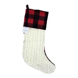 9467382 7 X 19 X 0.5 In. Knit Stocking With Plaid Cuff Christmas Decoration White & Black & Red Fabric - Pack Of 4