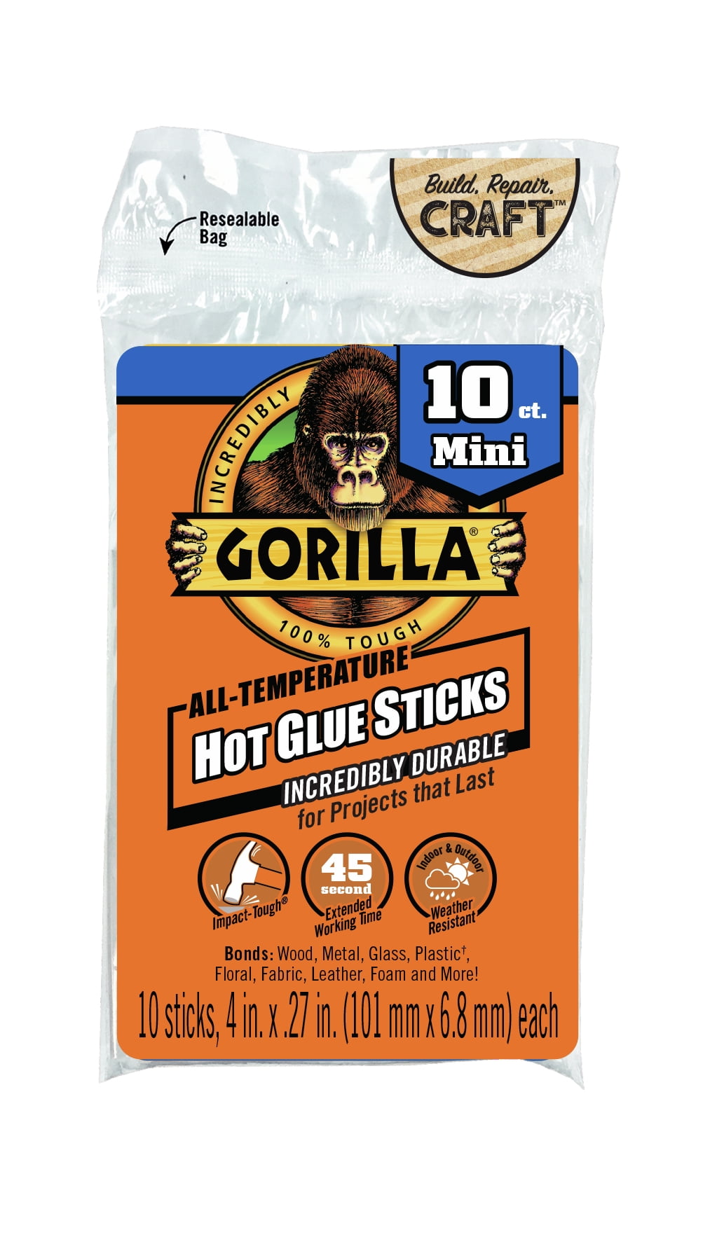 Gorilla 2838118 0.27 In. Dia. X 4 In. All Purpose Mini Glue Sticks, Clear - Pack Of 10