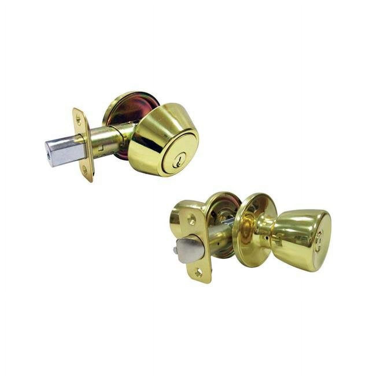 5002047 Tulip Polished Brass Metal Entry Knob & Single Cylinder Deadbolt - 3 Grade Right Handed