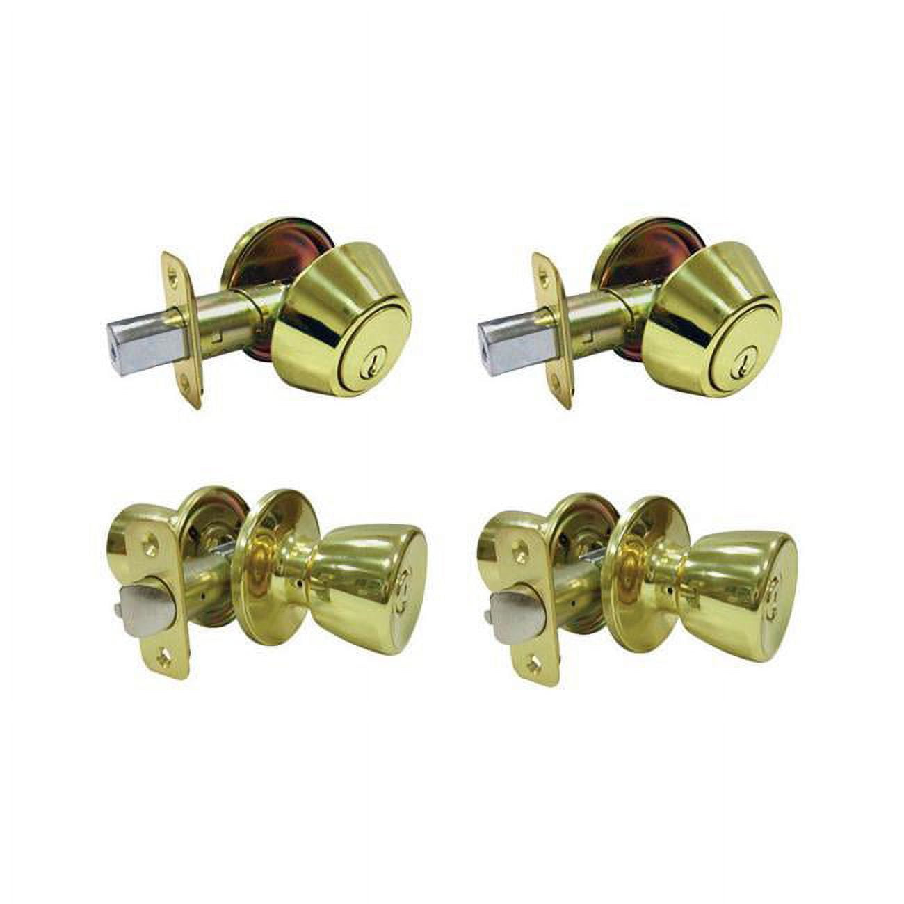 5002062 Tulip Polished Brass Metal Entry Knob & Single Cylinder Deadbolt - 3 Grade Right Handed