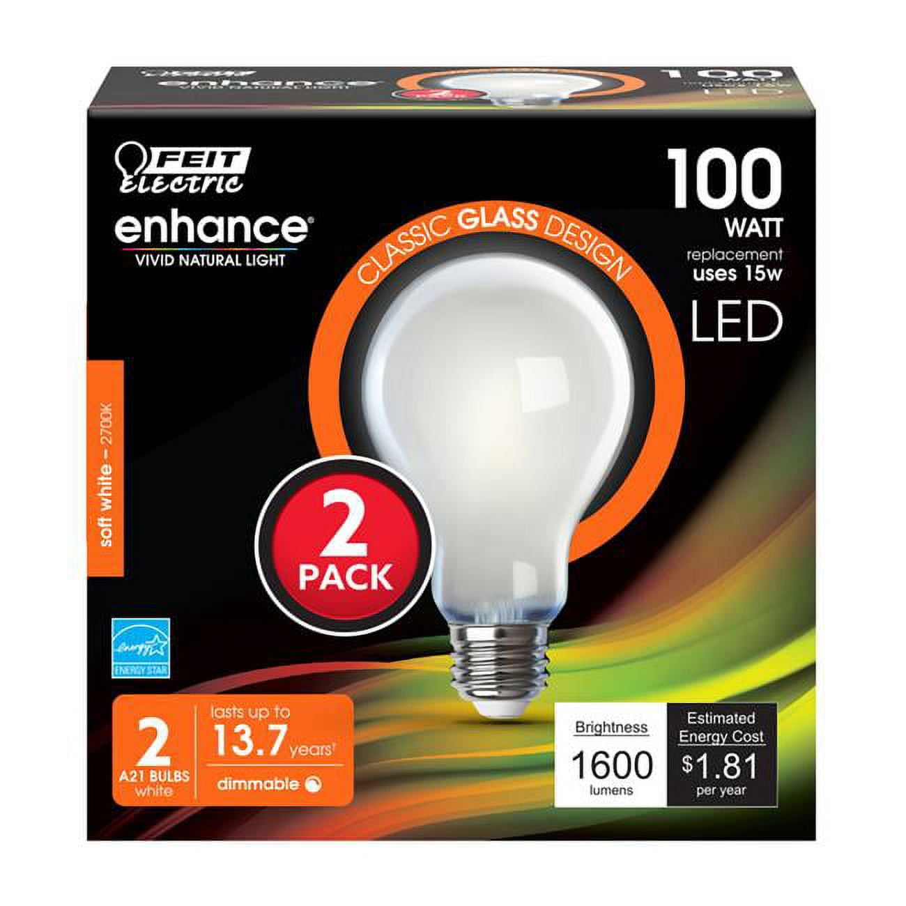 3929718 100 Watt Equivalence 16 Watt 1600 Lumen A-line A21 Filament Led Bulb, Soft White - Pack Of 2