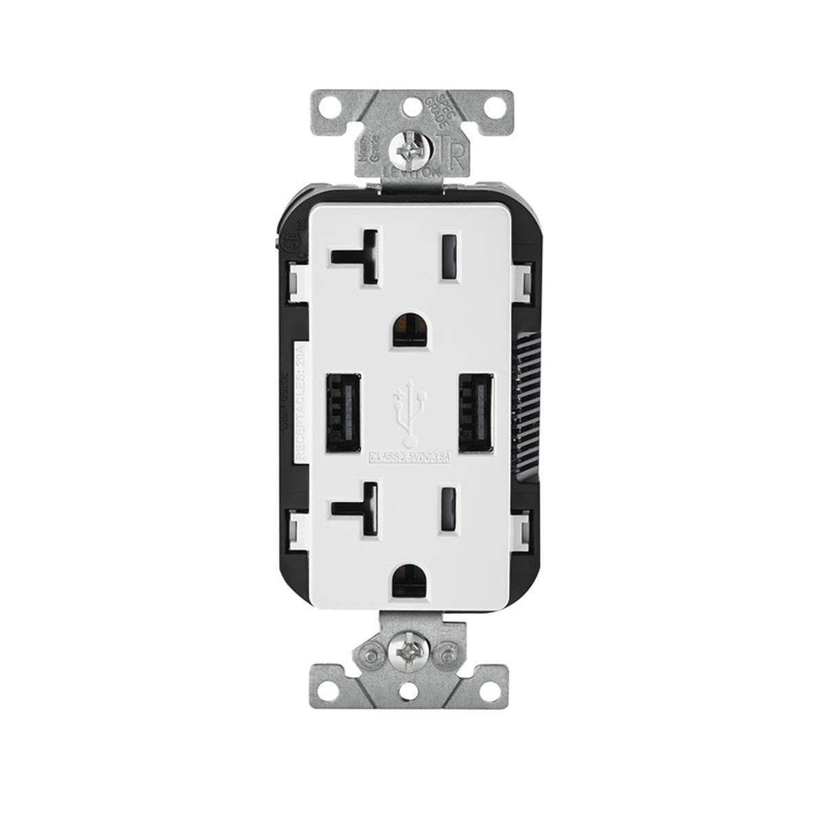 Leviton 3809480 125v, 20a Decora Outlet & 5-20r Usb Charger - White