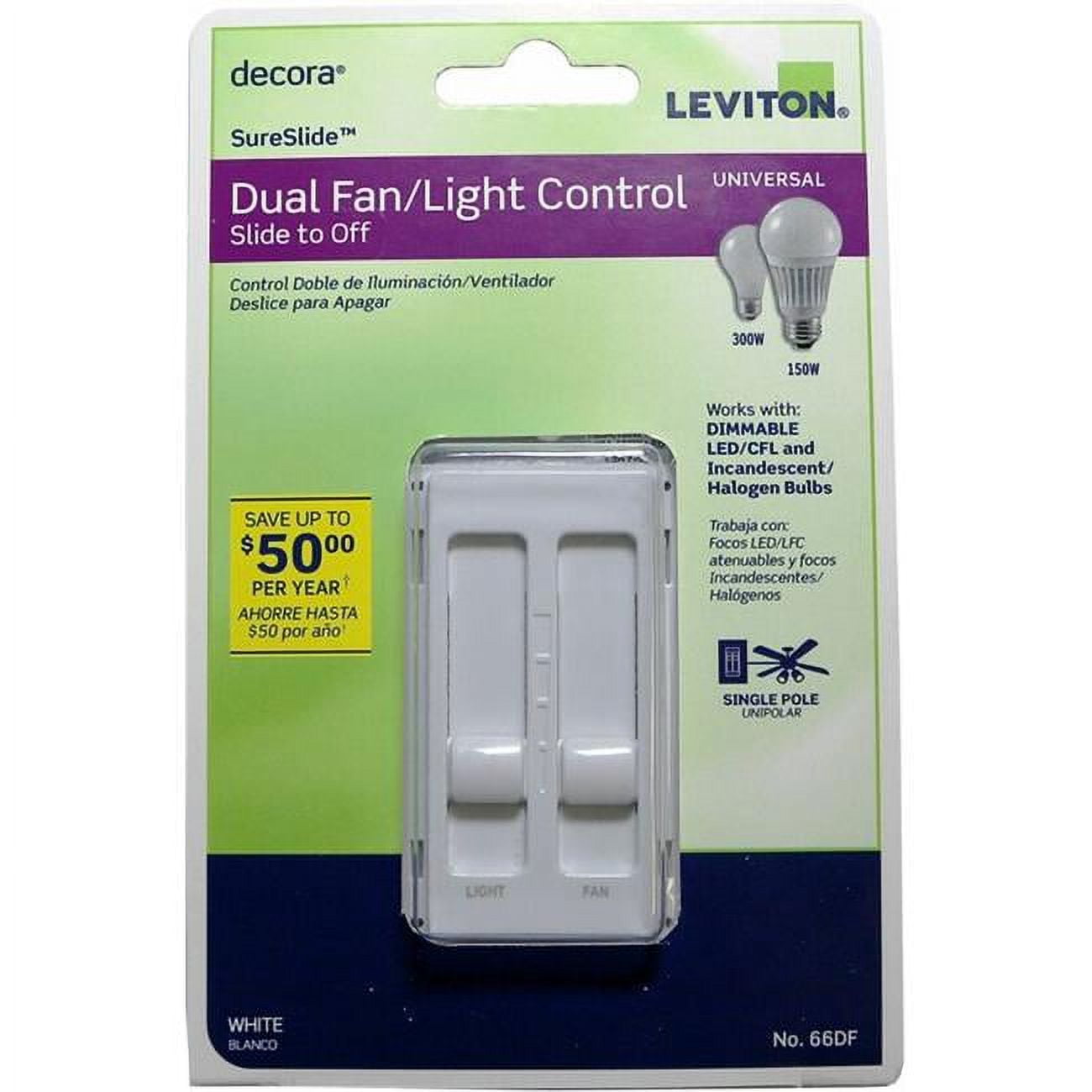 Leviton 3001337 Decora Sureslide Fan & Led Dimmer Slide Switch, White