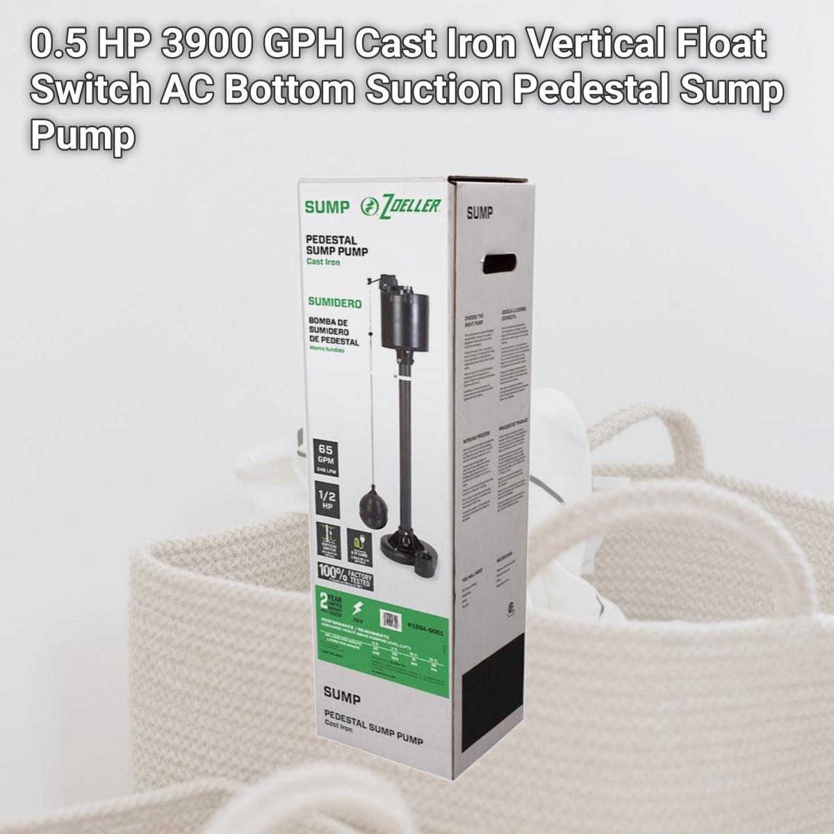 Picture of Zoeller 4009949 0.5 HP 3900 GPH Cast Iron Vertical Float Switch AC Bottom Suction Pedestal Sump Pump