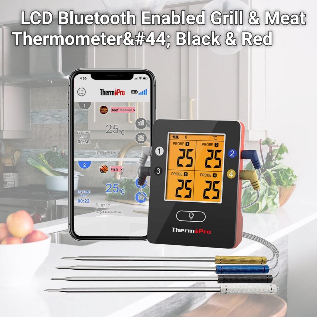 Picture of Thermopro 8083579 LCD Bluetooth Enabled Grill & Meat Thermometer, Black & Red