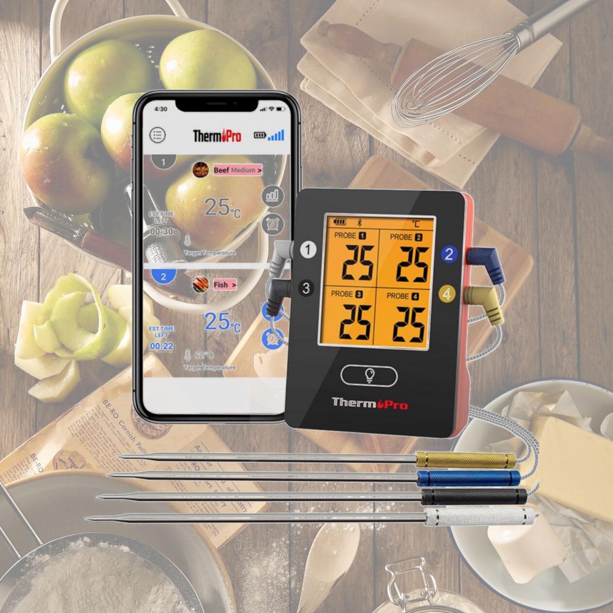 Picture of Thermopro 8083579 LCD Bluetooth Enabled Grill & Meat Thermometer, Black & Red
