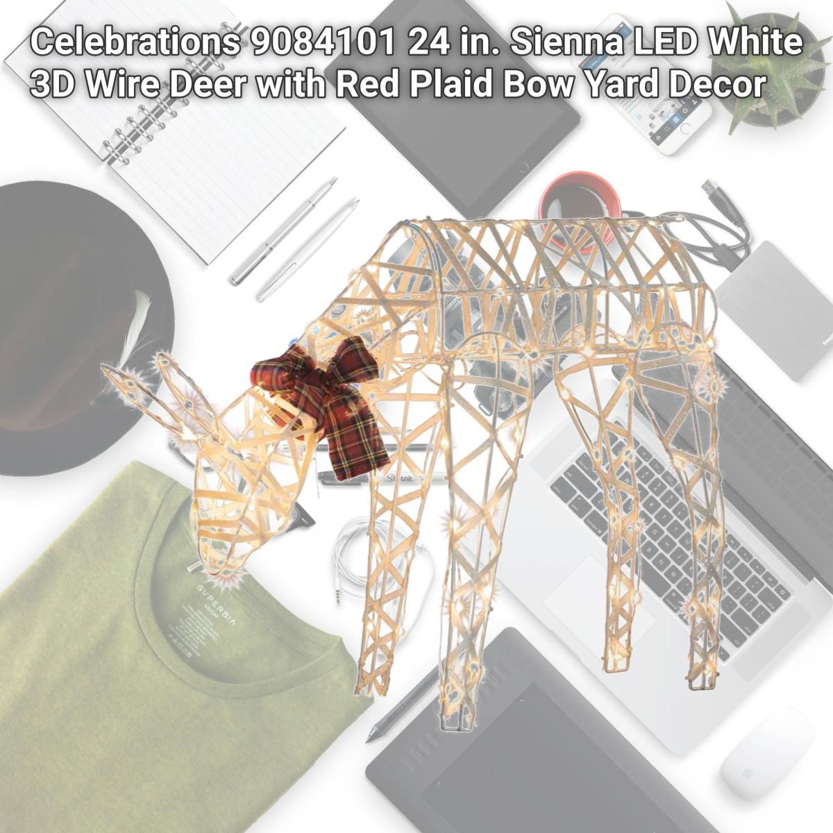 Picture of Celebrations 9084101 24 in. Sienna LED White 3D Wire Deer with Red Plaid Bow Yard Decor