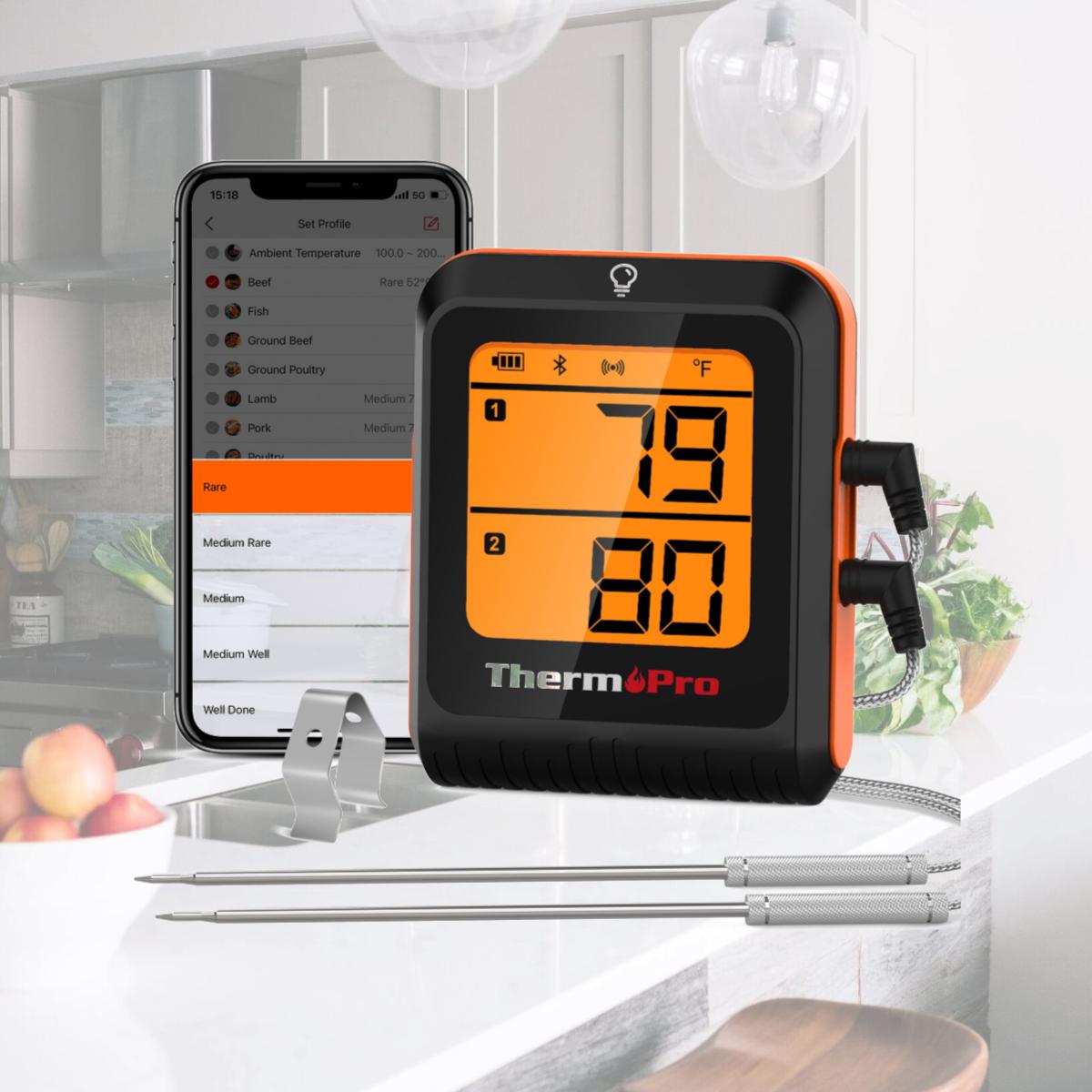 Picture of Thermopro 8083573 LCD Bluetooth Enabled Grill & Meat Thermometer, Orange