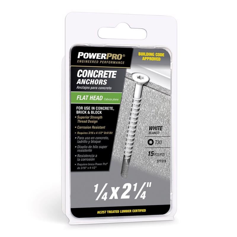 5049783 0.25 x 2.25 in. Power Pro Carbon Steel Flat Head Concrete Screw Anchor, Whiet - 15 Piece