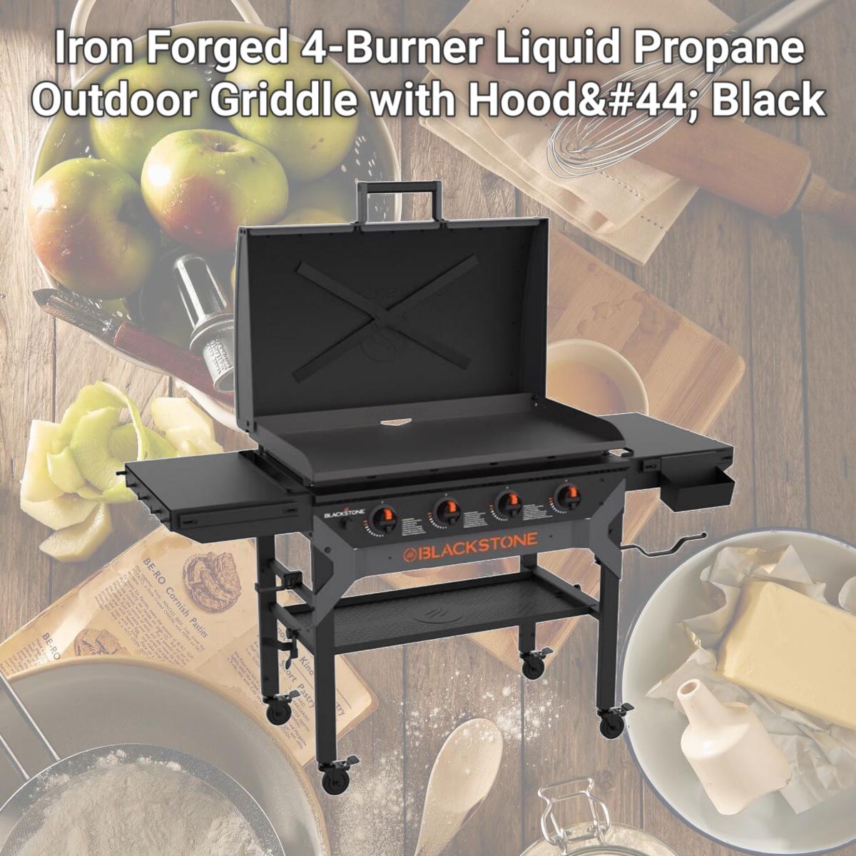 Picture of Blackstone 8093917 Iron Forged 4-Burner Liquid Propane Outdoor Griddle with Hood, Black