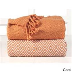 60 In. 100 Percent Soft. Cotton Diamond Weave Throw, Coral - Set Of 2