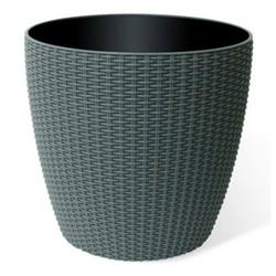 14203 14 In. Wicker Round Planter Pot With Watering Tray - Rattan Gray
