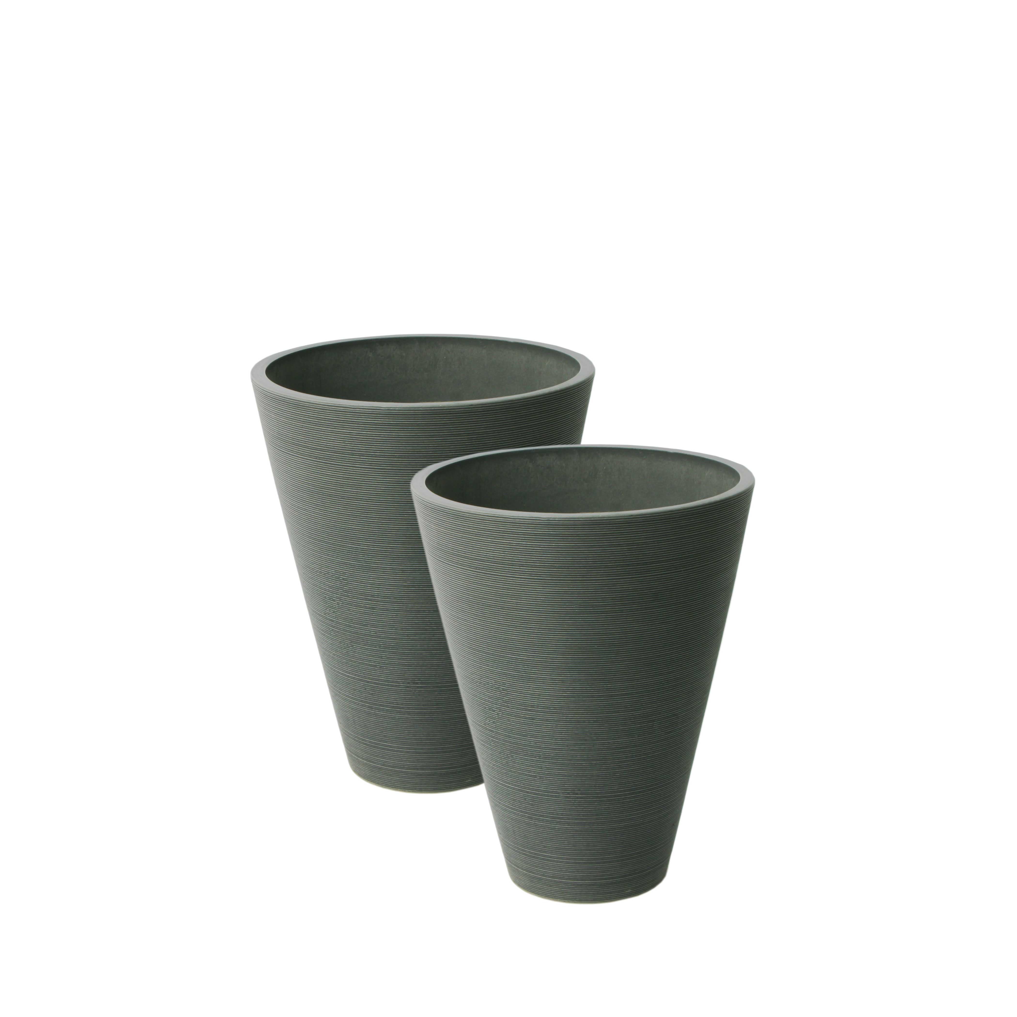 16228 Valencia 11.4 In. Dia. By 14 In. 2 Round Taper Ribbed Planters, Charcoal - Pack Of 2