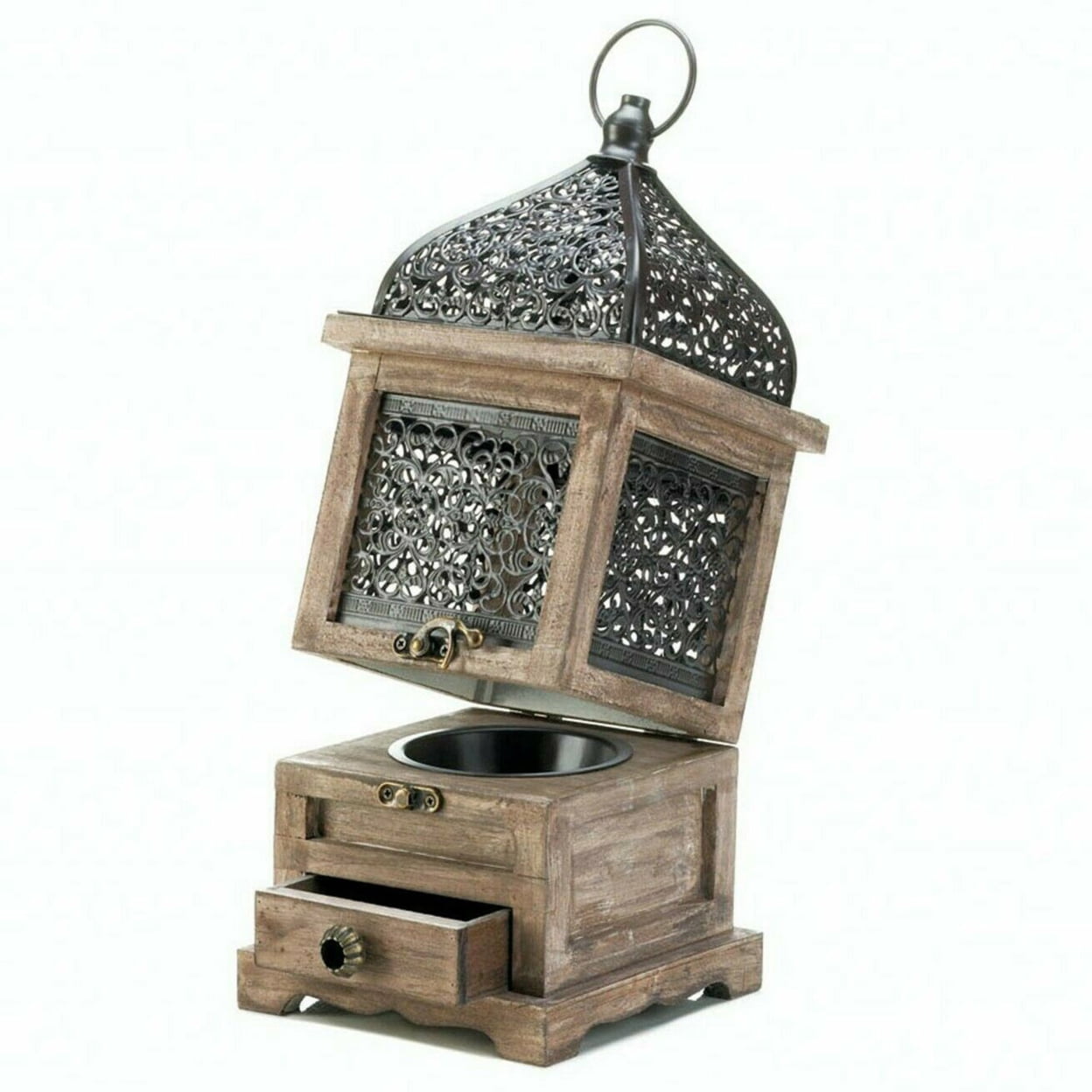 10018058 14 In. Flip-top Wood Lantern With Drawer