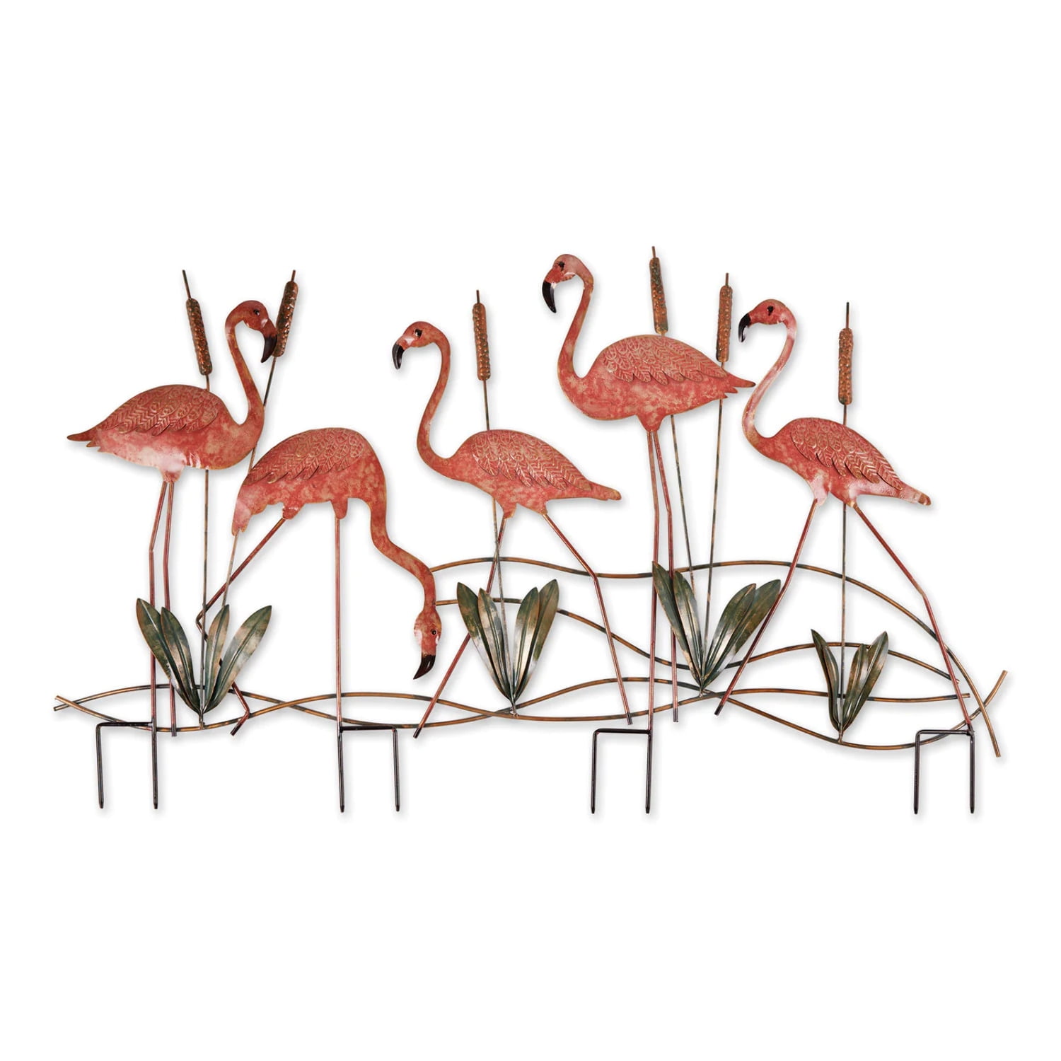 10018330 Metal Cattails & Pink Flamingos Garden Stake