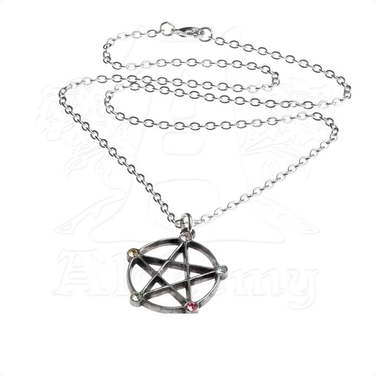 P786 Wiccan Elemental Pentacle Necklace, Pewter & Swarovski Crystals