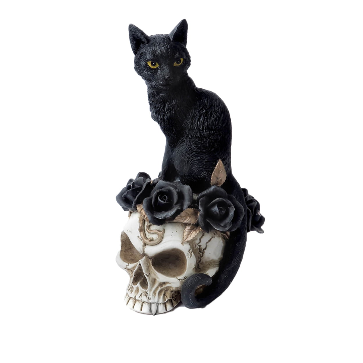 V71 Grimalkins Ghost Black Cat With Skull, Poly Resin