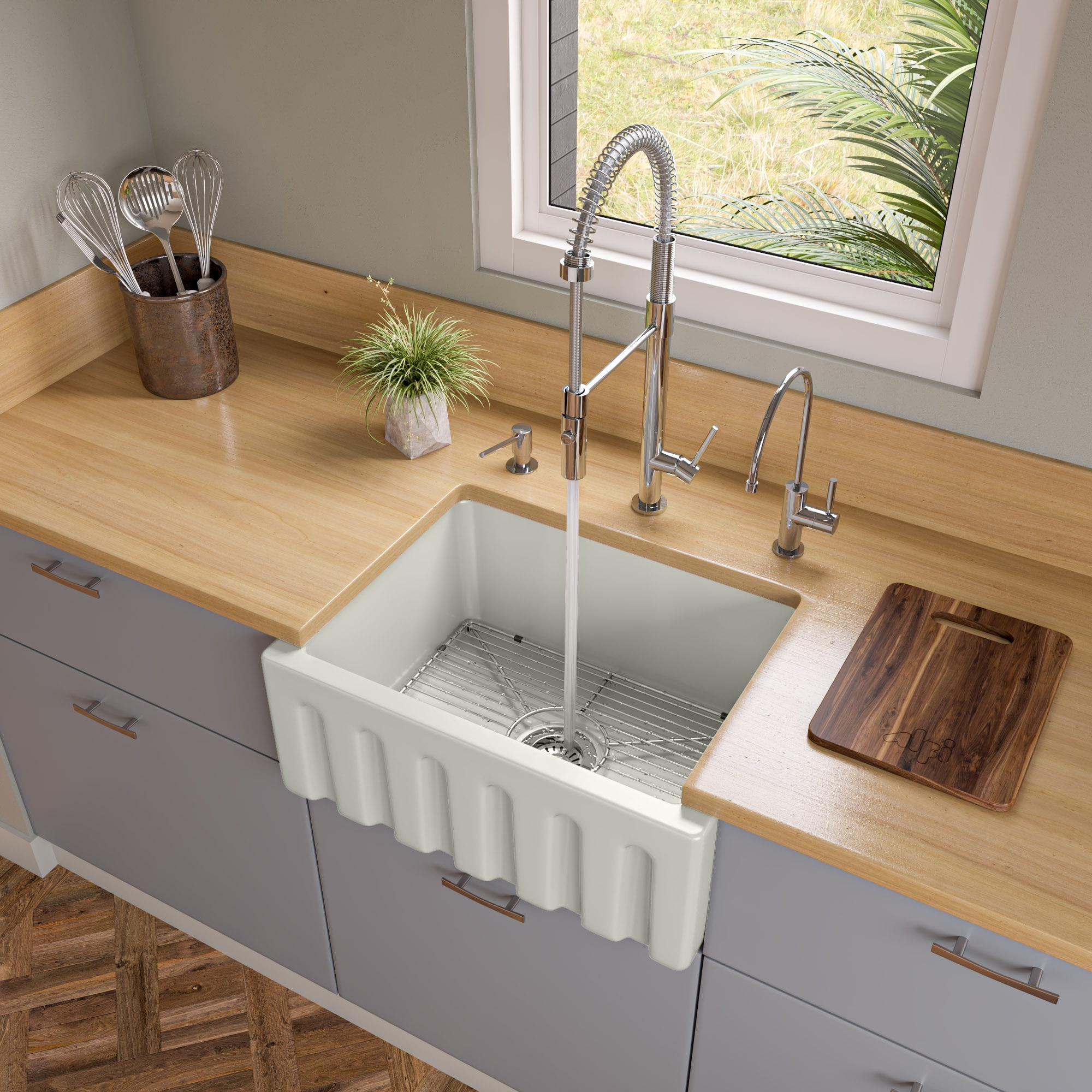 24 In. Reversible Smooth & Fluted Single Bowl Fireclay Farm Sink - Biscuit