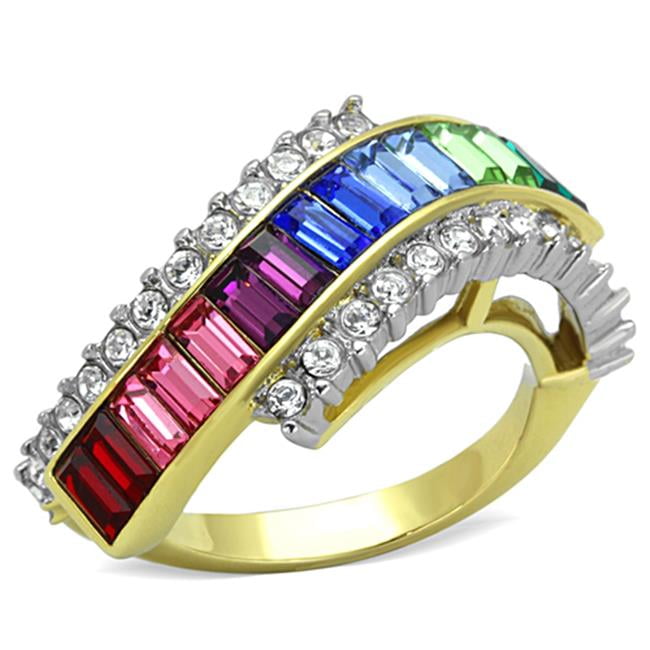 Women Two-Tone IP Gold Stainless Steel Ring with Top Grade Crystal in Multi Color - Size 5