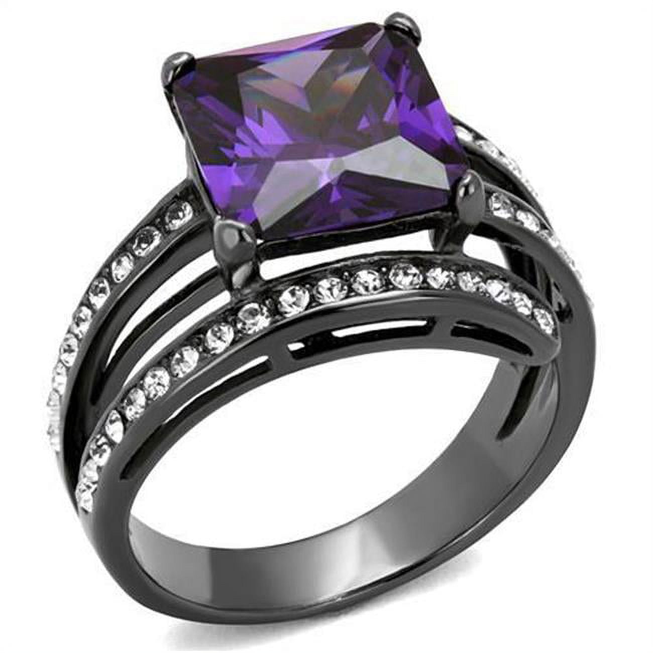 Women IP Light Black Stainless Steel Ring with AAA Grade CZ in Amethyst - Size 5