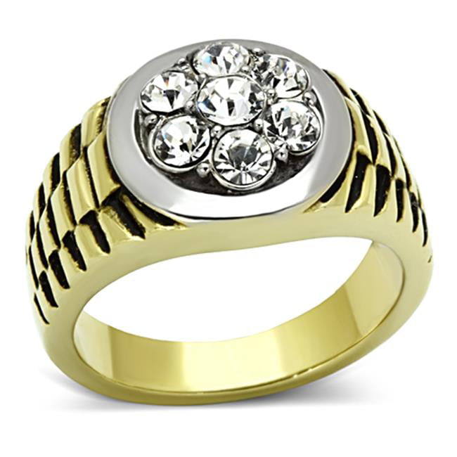 Men Two-Tone IP Gold Stainless Steel Ring with Top Grade Crystal in Clear - Size 10