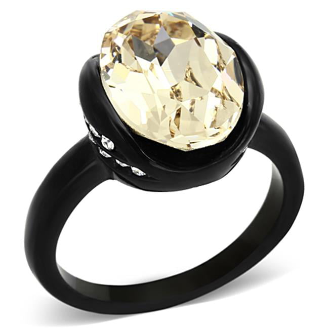 Women IP Black Stainless Steel Ring with Top Grade Crystal in Light Smoked - Size 6