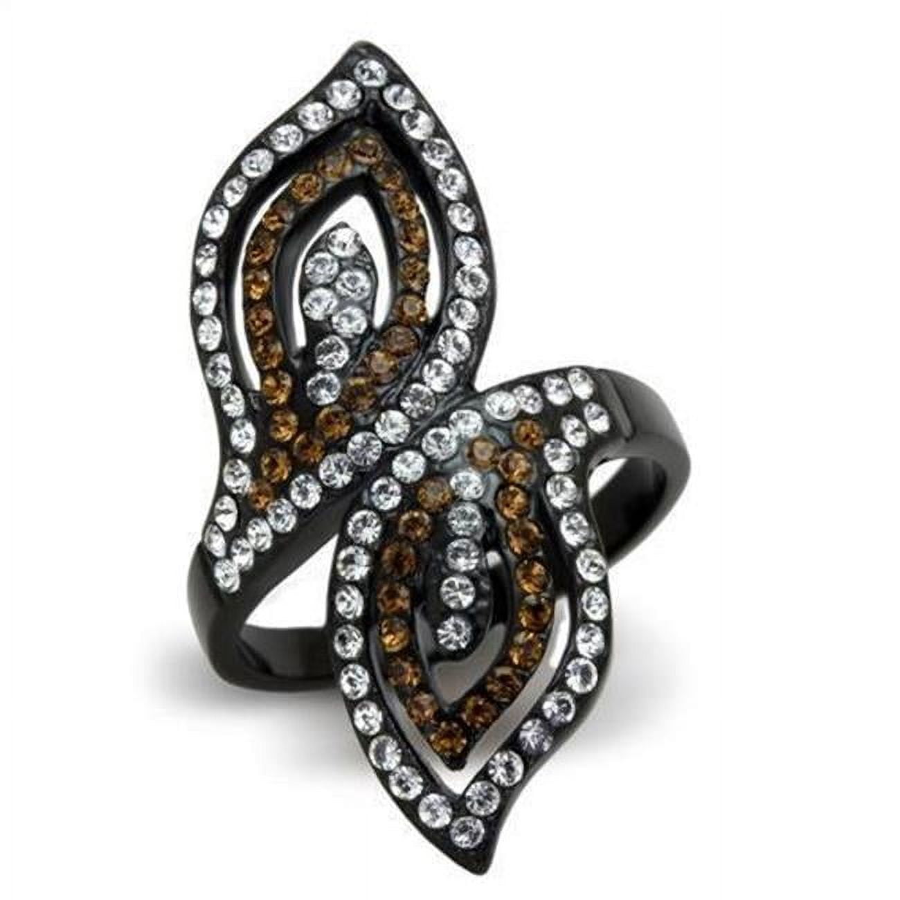 Women IP Black Stainless Steel Ring with Top Grade Crystal in Smoked Quartz - Size 10