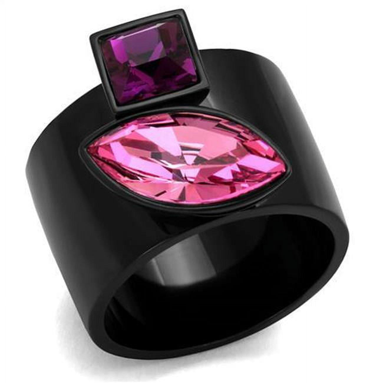 Women IP Black Stainless Steel Ring with Top Grade Crystal in Rose - Size 9