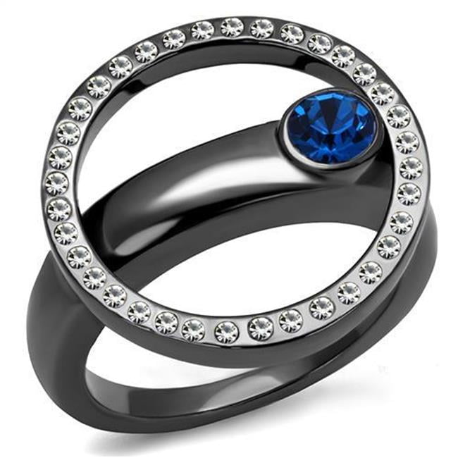 Women IP Light Black Stainless Steel Ring with Top Grade Crystal in Capri Blue - Size 7