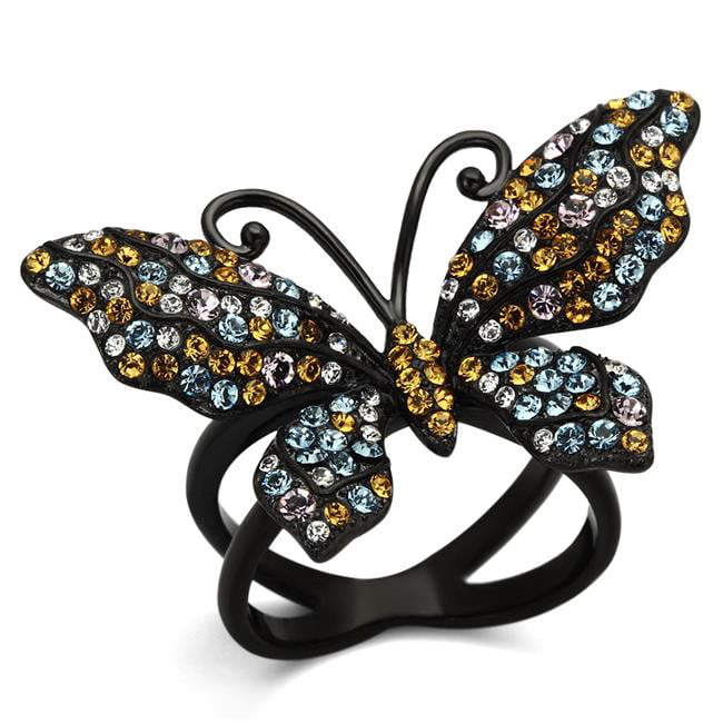 Women IP Black Stainless Steel Ring with Top Grade Crystal in Multi Color - Size 5